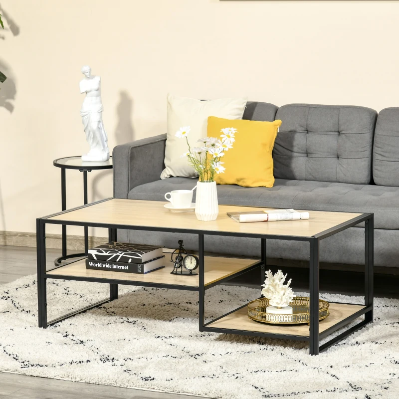 HOMCOM Tavolino da Caffè in Stile Industriale a 3 Ripiani, in MDF e Acciaio, 120x60x46cm