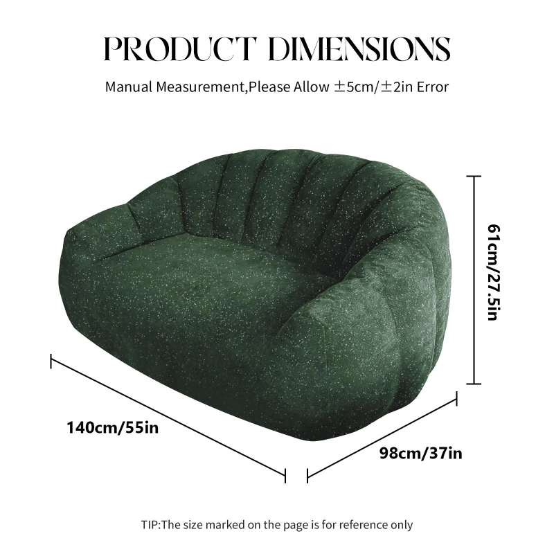 Plush 2-Seater Bean Bag Sofa with High Density Sponge, Cosy Lazy Couch for Gaming Room and Pet-Playing Room, 140L x 98W x 61H cm, Green