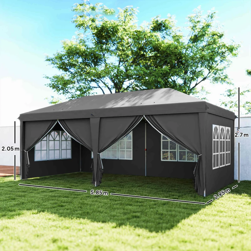 Outsunny Outsunny 3 x 6 m Garden Pop Up Gazebo, Wedding Party Tent Marquee, Water Resistant Awning Canopy with Sidewalls, Windows, Carry Bag, Grey