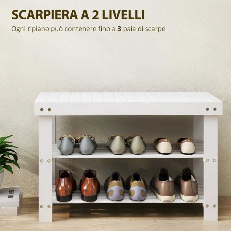 HOMCOM Panca Scarpiera Bassa in Bambù con 2 Ripiani a Doghe e Seduta, 70x28x45 cm, Bianco