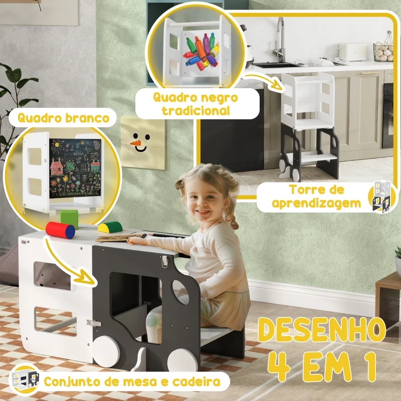 AIYAPLAY Torre de Aprendizagem 4 em 1 para Crianças em Forma de Carro Convertível em Mesa e Cadeira 58x46x92 cm Branco e Cinza