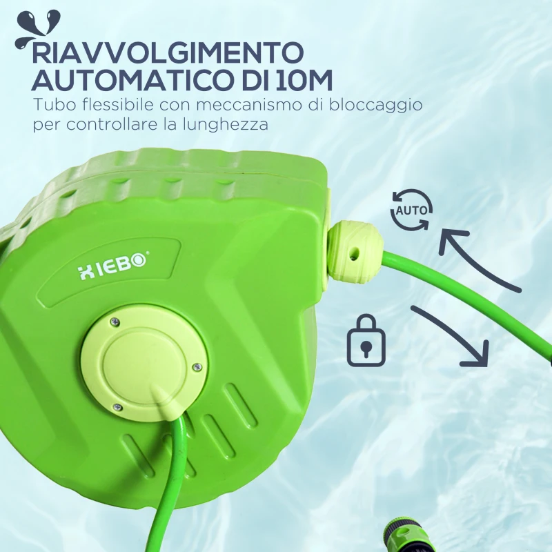 Outsunny Avvolgitubo a Parete Bloccabile e Retraibile in Plastica con Rotazione 180°, 35.5x11.5x27.5 cm, Verde