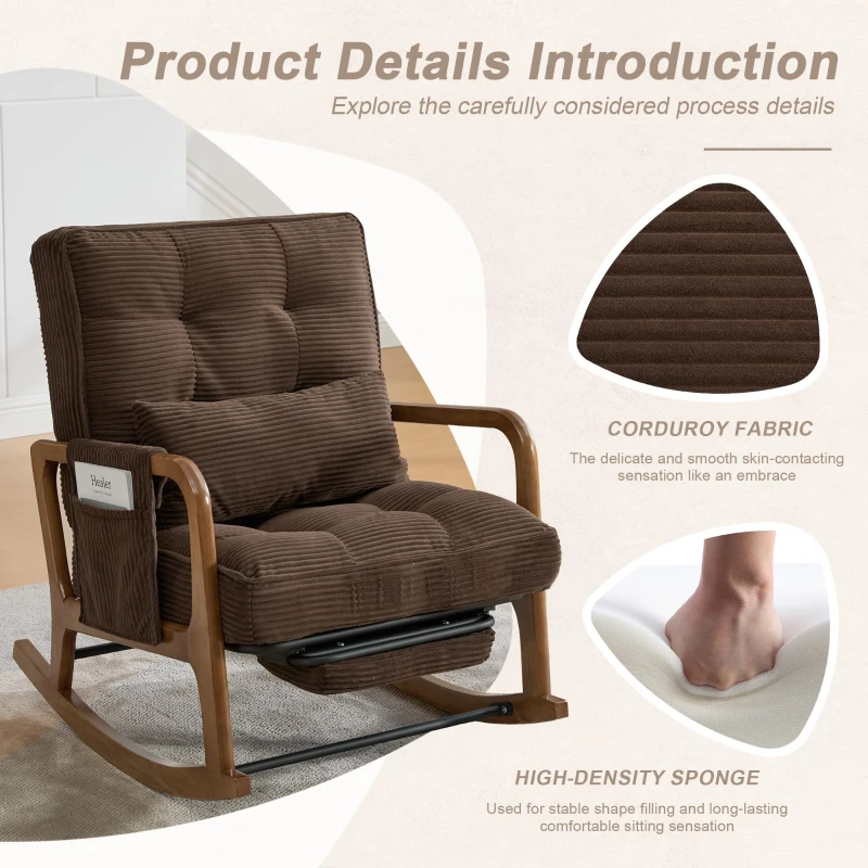 Cozy Rocking Chair with Adjustable Footrest and Side Pocket, Soft Corduroy Glider Armchair for Nursery, 92L x 80W x 70H cm, Coffee