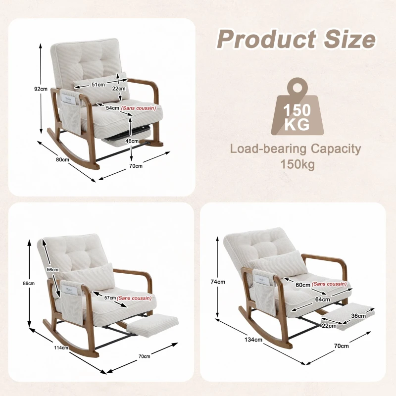 Cozy Rocking Chair with Adjustable Footrest and Side Pocket, Soft Corduroy Glider Armchair for Nursery, 92L x 80W x 70H cm, Beige