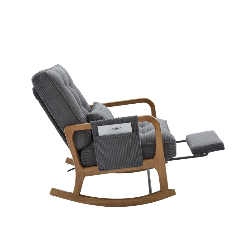 Cozy Rocking Chair with Adjustable Footrest and Side Pocket, Soft Corduroy Glider Armchair for Nursery, 92L x 80W x 70H cm, Gray