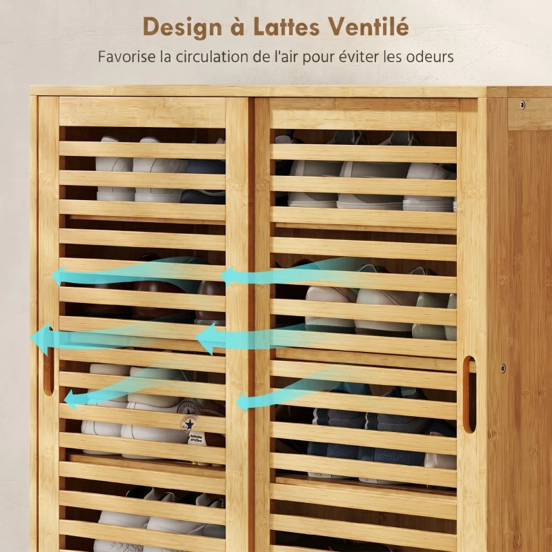 HOMCOM Meuble à chaussures en bambou 16 paires, armoire à chaussures, 2 portes coulissantes, étagères réglables, bois naturel