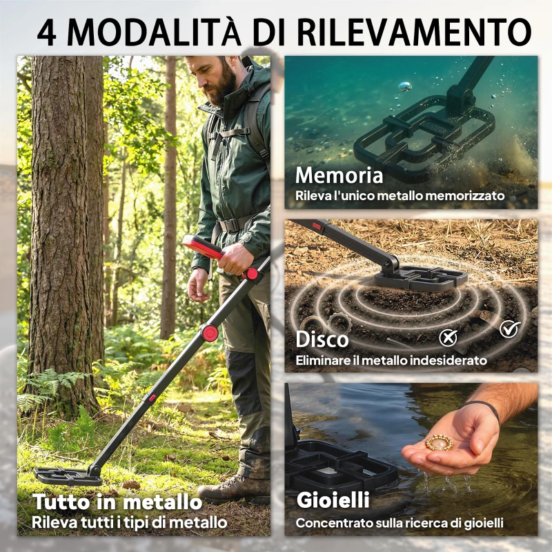 Outsunny Metal Detector Adulti, 4 Modalità, Bobina IP68 Impermeabile, Display LCD