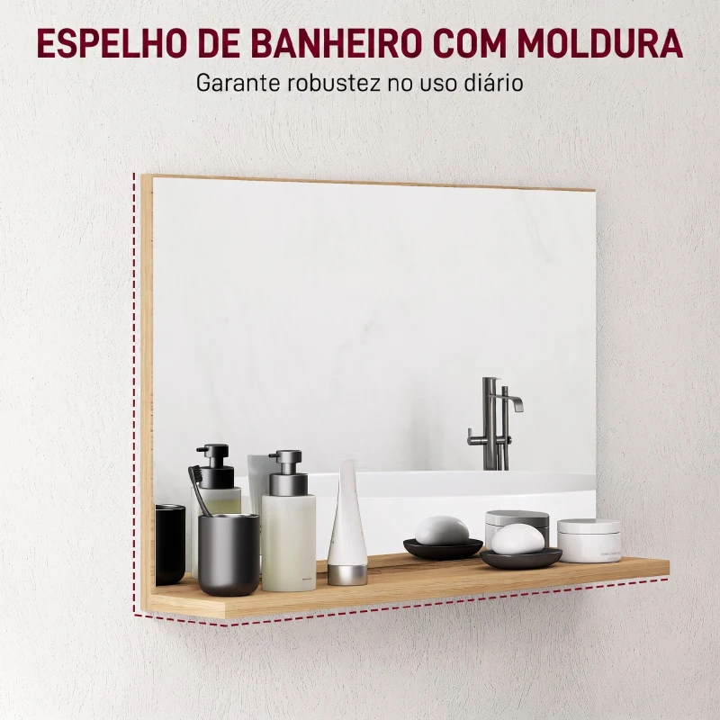 Kleankin Espelho de Casa de Banho de Parede com Prateleira Aberta Estilo Moderno para Hall de Entrada e Corredor 60x12x40 cm Madeira Natural