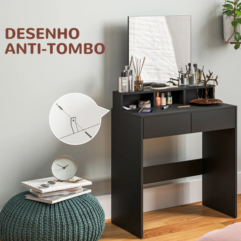 HOMCOM Toucador de Maquilhagem com Espelho Toucador com 2 Gavetas 3 Compartimentos Toucador para Dormitório 75x38x135 cm Preto