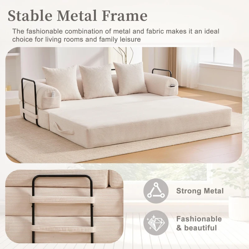 Cozy Compressible Folding Sofa with Detachable Metal Frame, Soft Modular Sectional Couch for Small Apartment, 110L x 33W x 33H cm, Beige