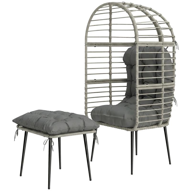 Outsunny Garden Egg Chair with Footstool, Rattan Indoor Outdoor Lounge Chair and Ottoman Set with Thick Cushions, Light Grey