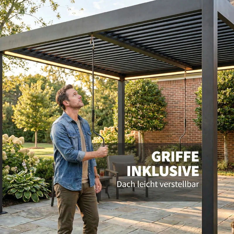 Outsunny Pergola 3x3 m Aluminium Terrassenüberdachung mit LED-Beleuchtung Fernbedienung verstellbar Lamellendach