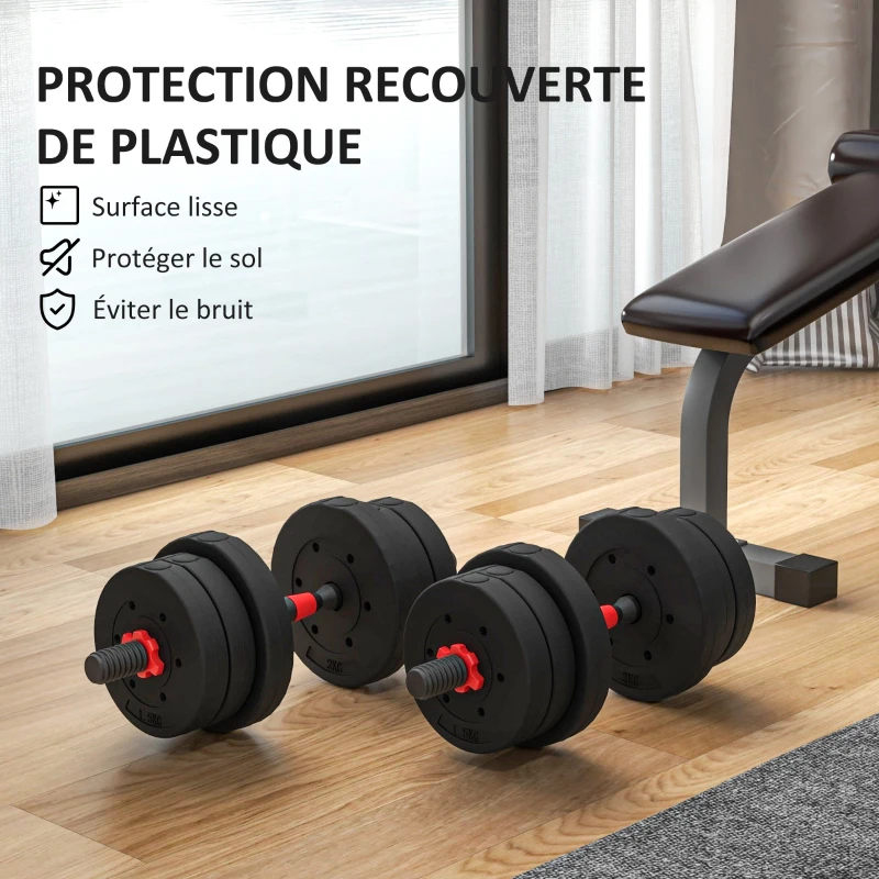 HOMCOM Ensemble d'haltères Courtes Total 20 Kg 2 en 1 poids réglable Barres incluses - entraînement Musculaire & haltérophilie