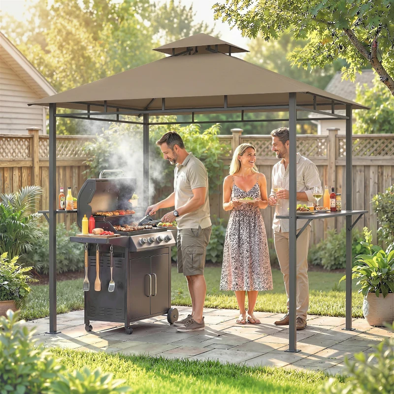 Outsunny Abri barbecue extérieur, tonnelle de jardin 245x146x255cm en métal, double toit, 2 étagères latérales, marron