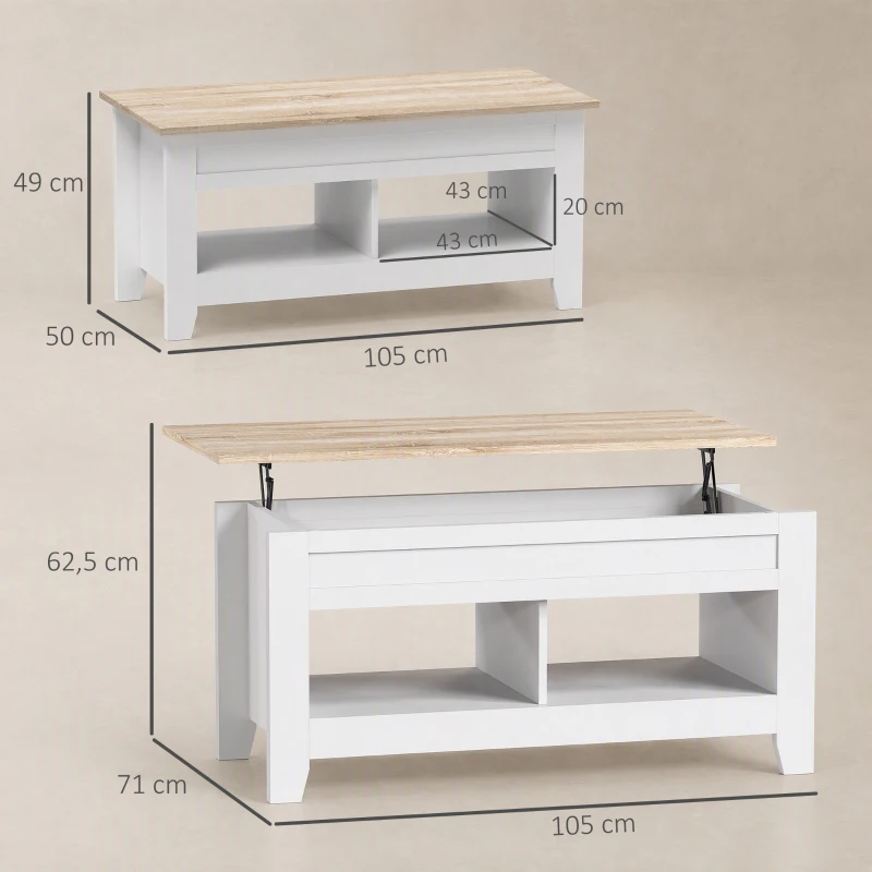 HOMCOM Mesa de Centro com Bancada Elevável 2 Compartimentos Abertos Bancada de Madeira 105x50x49 cm Branco e Madeira