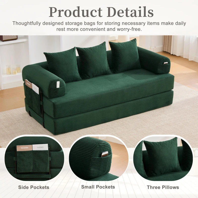 Cozy Compressible Folding Sofa with Detachable Metal Frame, Soft Modular Sectional Couch for Small Apartment, 110L x 33W x 33H cm, Emerald