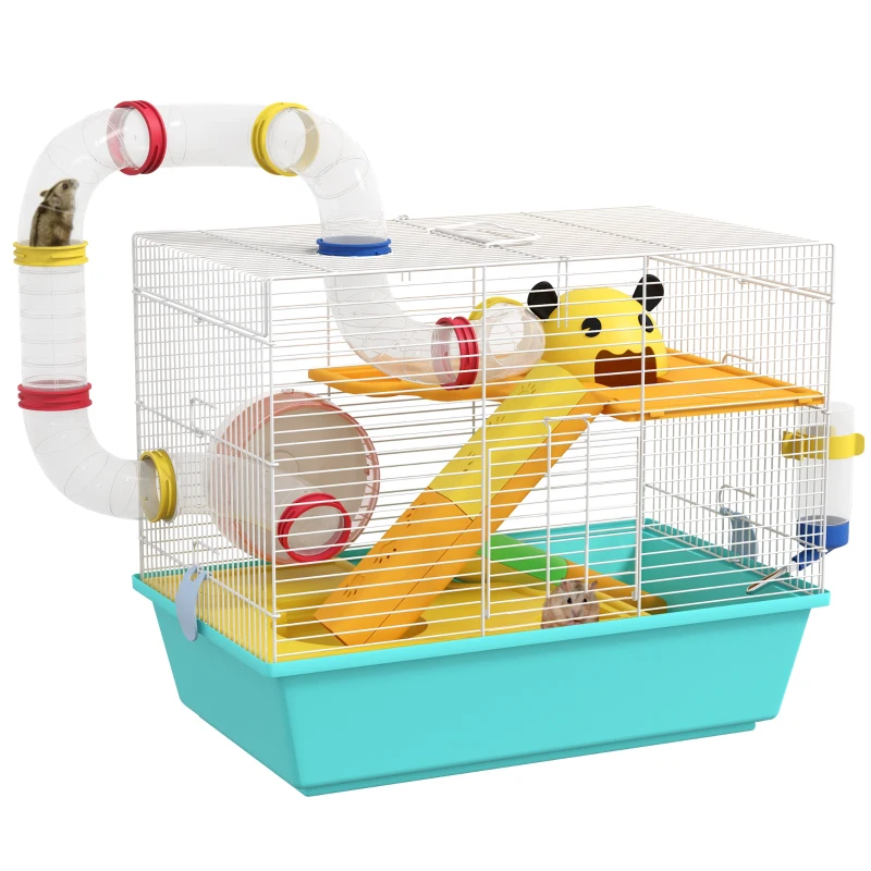 PawHut Cușcă pentru Hamsteri cu Roată, Căsuță, Bol, Rampe și Recipient Apă, Cușcă pentru Gerbili din Oțel, PS și PP, 45x28x37 cm, Alb și Albastru