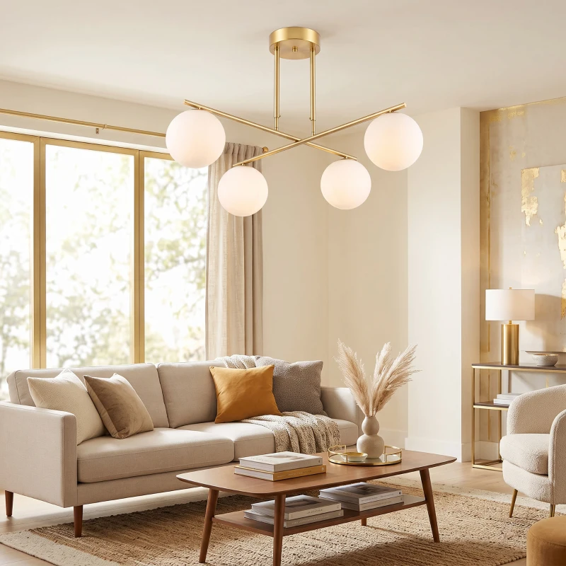 HOMCOM Suspension moderne à 4 abat-jours sphériques, hauteur réglable et rotation 350°, Blanc
