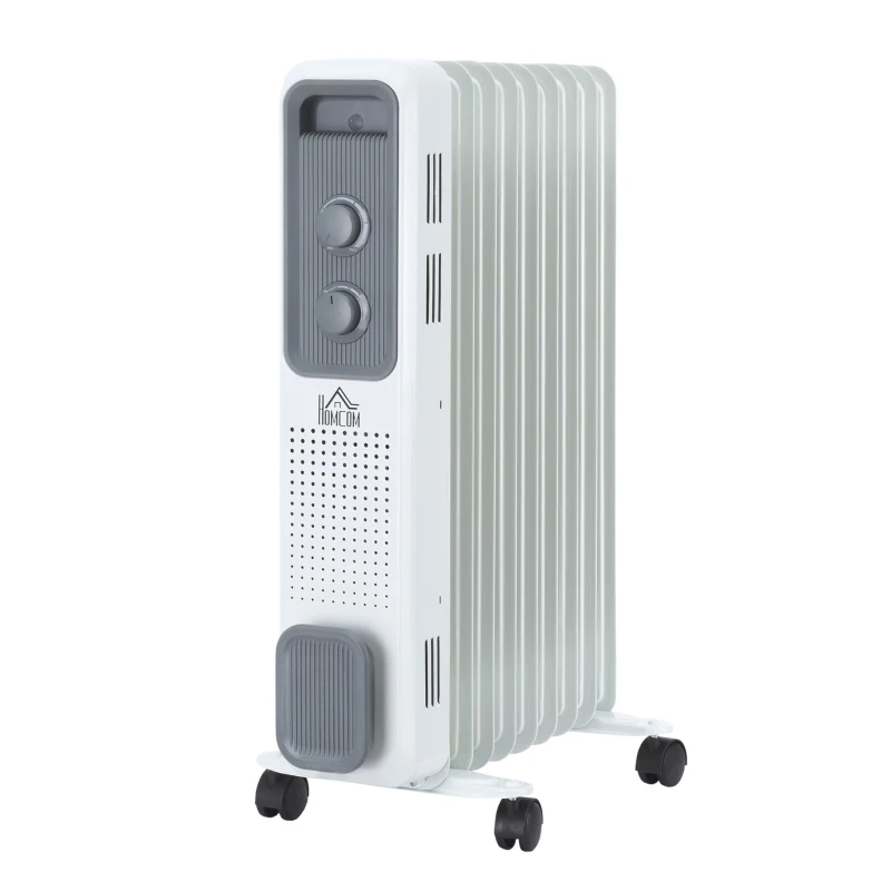 HOMCOM 2000W Oil Filled Radiator, 9 Fin, Portable Electric Heater with 3 Heat Settings, Safety Cut-Off and Wheels, White