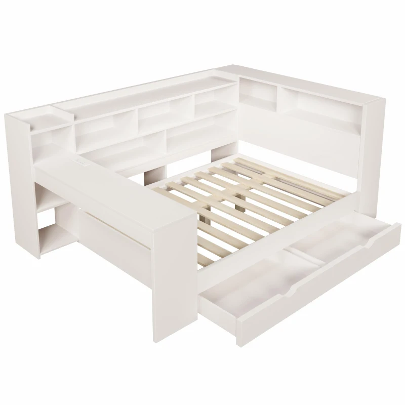 4ft6 Double Daybed with Built-In Desk and Storage Drawers, Modern Wooden Frame Sleeper Bed for Home Office, 263L x 159W x 100H cm, White