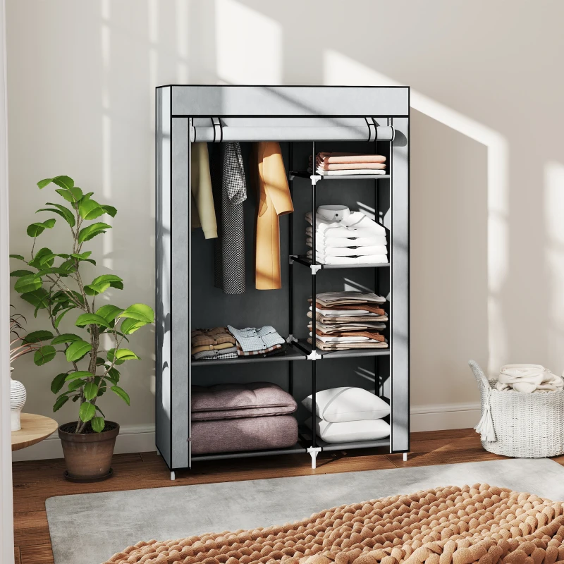 HOMCOM Fabric Wardrobe w/ Shelves Hanging Rail Foldable Wardrobe Light Grey