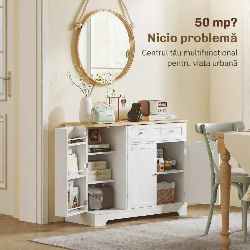 HOMCOM Bufet Modern cu spațiu de depozitare, dulap cu sertar, rafturi reglabile, mic dulap de bucătărie cu rafturi, alb
