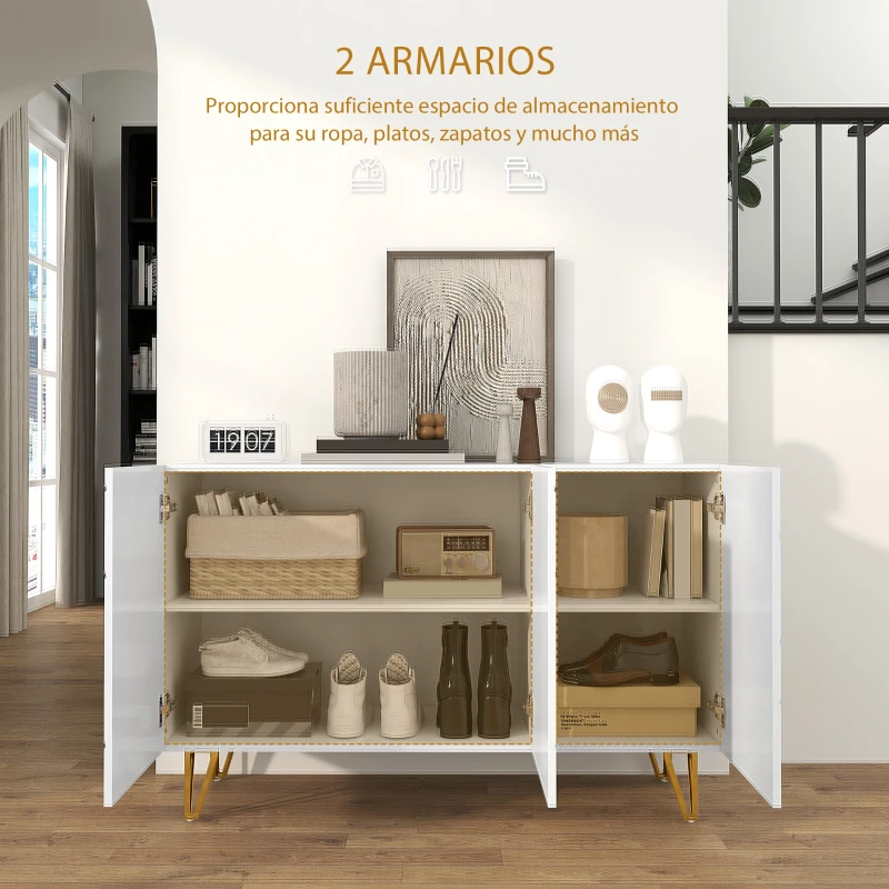 HOMCOM Aparador de Entrada con 3 Puertas y Estantes Ajustables para Cocina Sala 120x40x75 cm Blanco Brillante