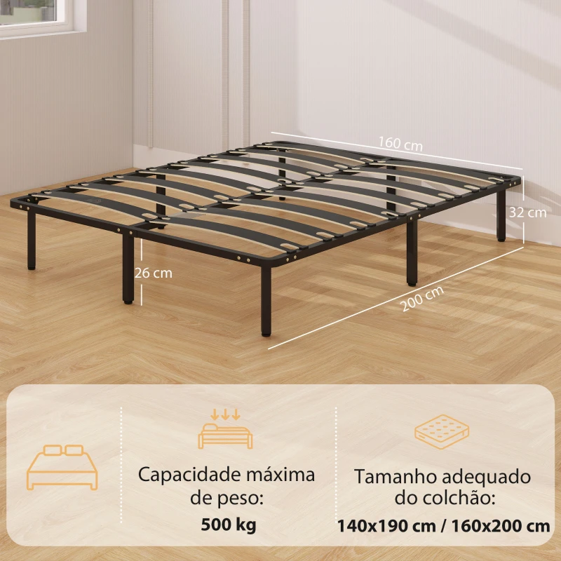 HOMCOM Estrutura de Cama 160x200 cm com Espaço de Armazenamento Abaixo e Ripas de Álamo Fácil de Montar Carga 350 kg Preto