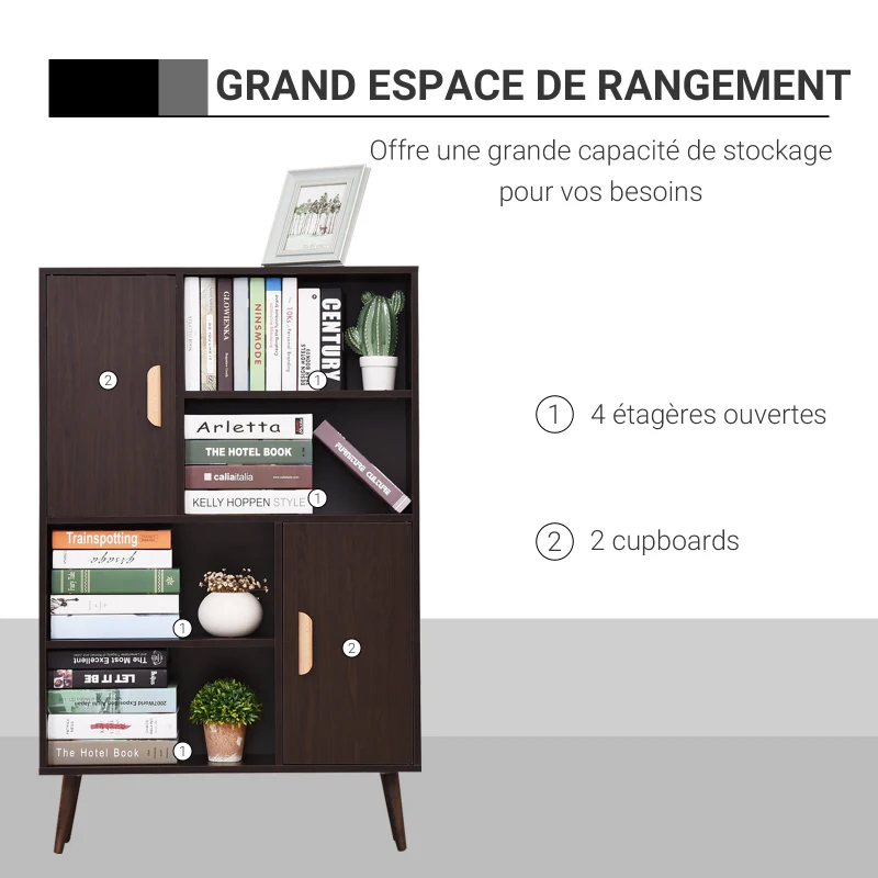 HOMCOM Bibliothèque scandinave 4 niches + 2 placards avec étagère dim. 80L x 24l x 123H cm Pieds effilés inclinés Bois Massif Panneaux Particules wengé
