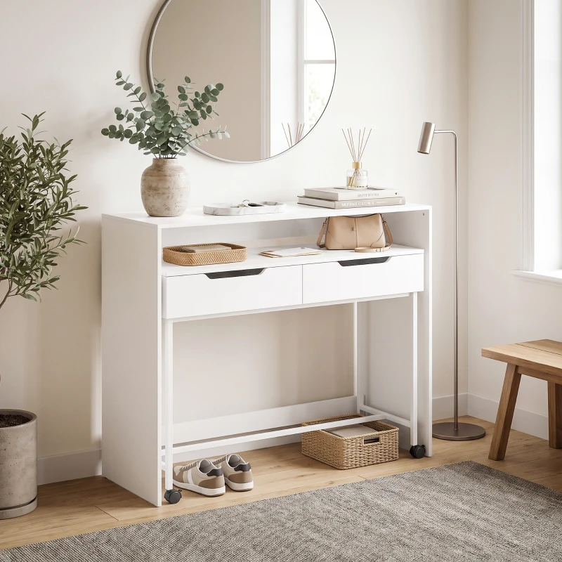 HOMCOM Bureau d'Ordinateur Extensible 100 cm avec 2 Tiroirs, Bureau avec Rangement, Style Moderne, Blanc