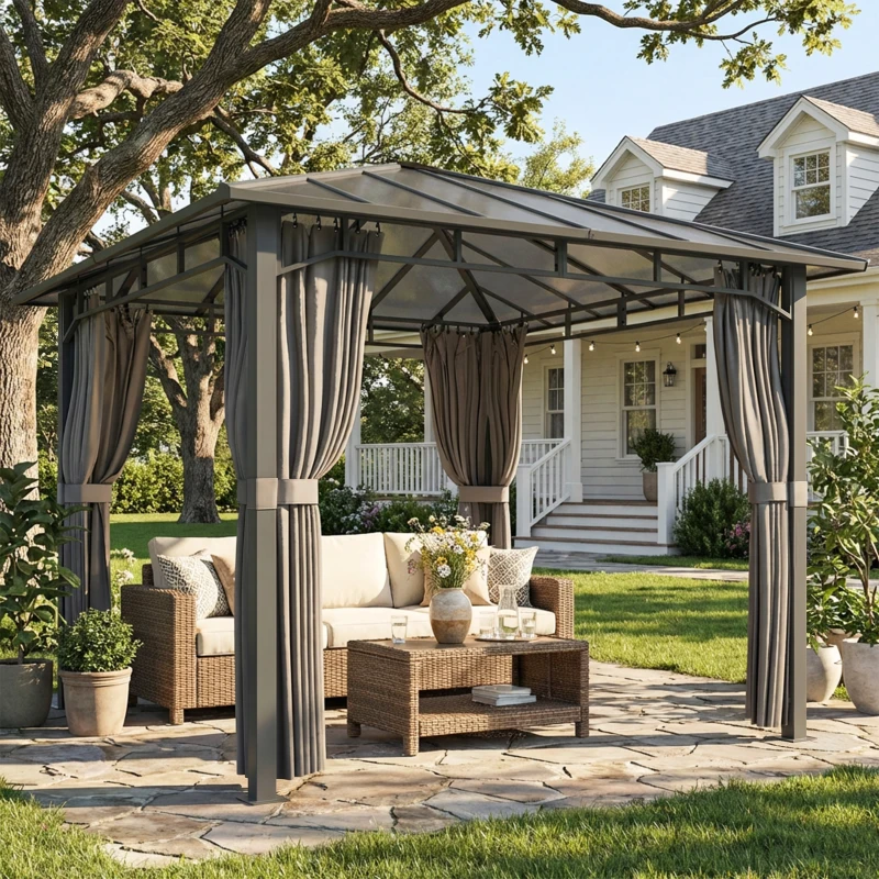 Outsunny Gartenpavillon ca. 3 x 3 m Metall Pavillon mit 6 mm Polycarbonat-Dach 4 Seitenteile, UV50+ Dunkelgrau