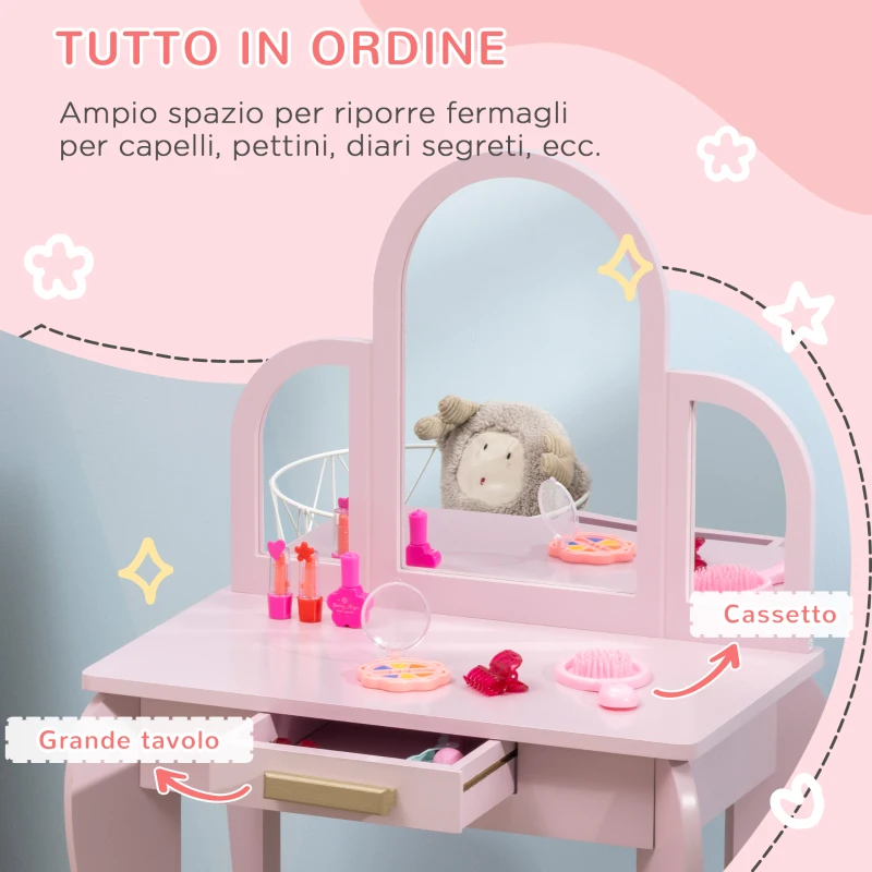 HOMCOM Tavolo per Trucco per Bambine 3-6 Anni con Sgabello, Cassetti e Specchio Coordinato in Acrilico, Rosa