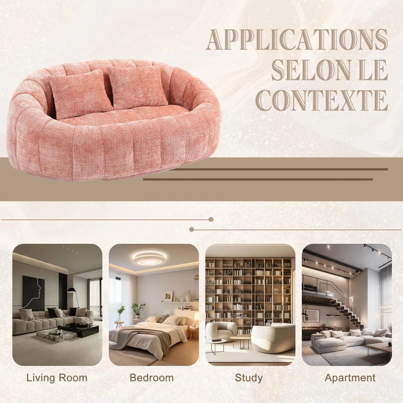 Cozy Oversized Bean Bag Sofa with 2 Matching Pillows, Soft 2-Seat Sectional Couch for Living Room and Bedroom, 145L x 95W x 63H cm, Pink