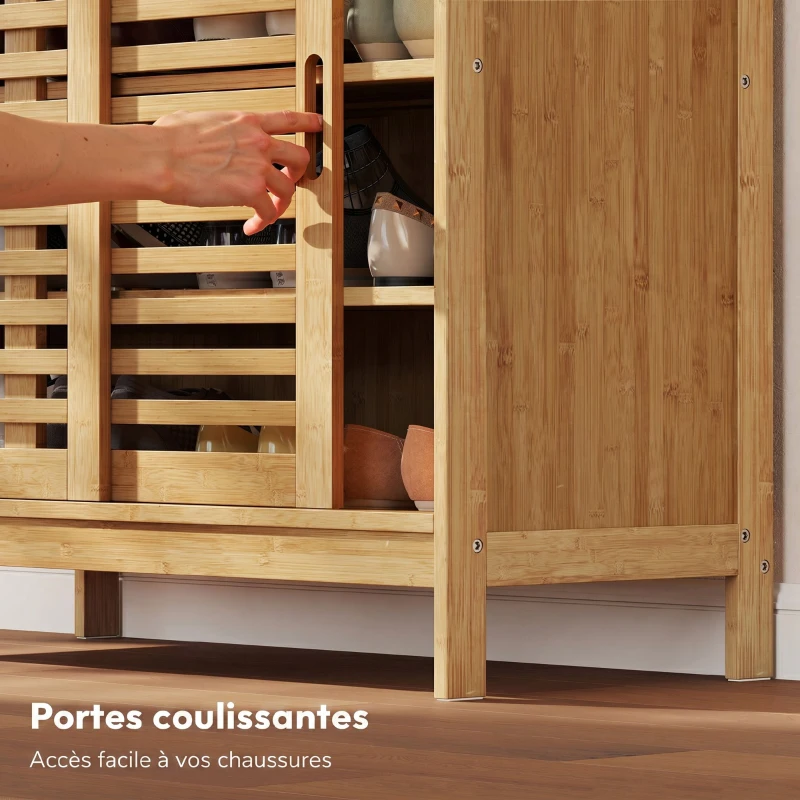 HOMCOM Meuble à chaussures en bambou 16 paires, armoire à chaussures, 2 portes coulissantes, étagères réglables, bois naturel