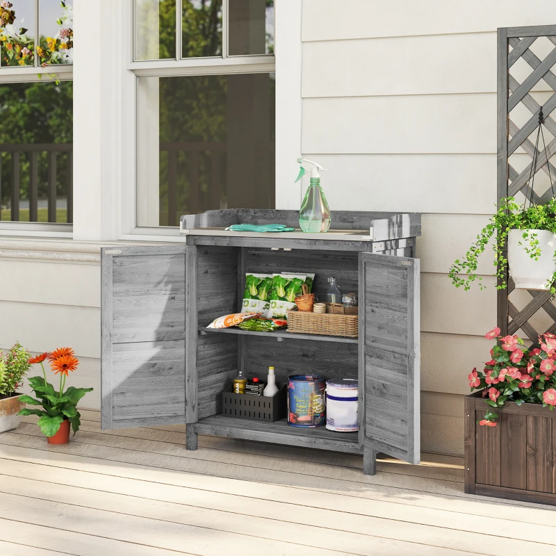 Outsunny Gartenschrank mit Pflanztisch, Holz Geräteschuppen mit verzinkter Arbeitsplatte 2 Regalböden Grau