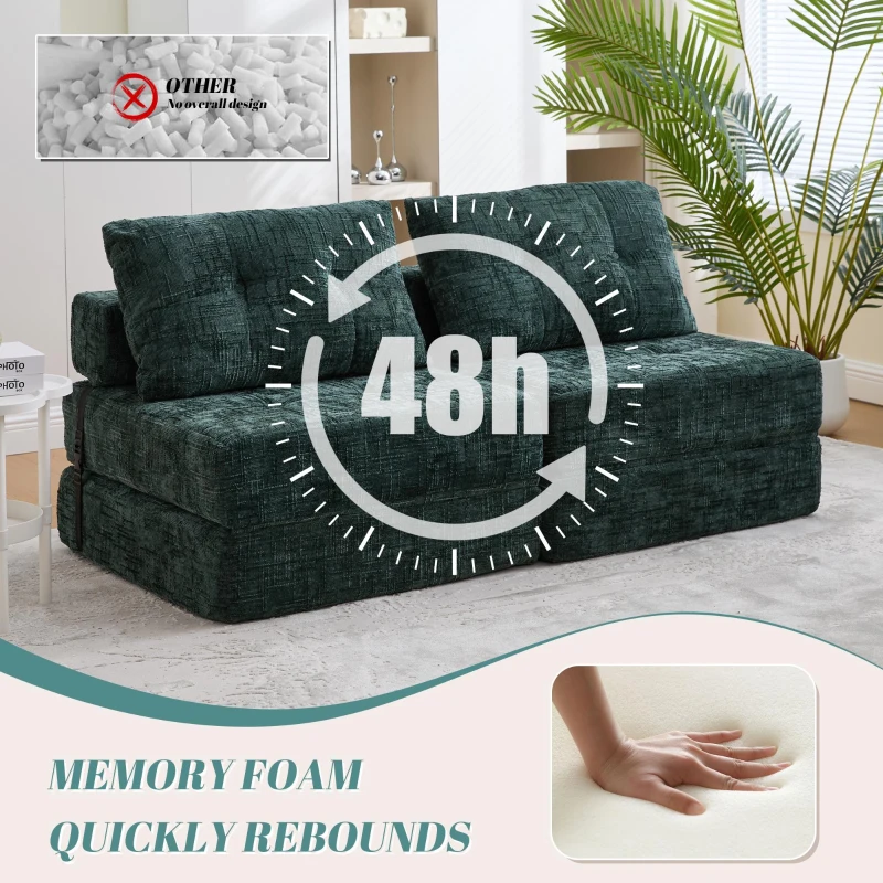 Cozy Convertible Floor Sofa Bed with Button-Tufted Detailing, Soft Chenille Folding Sleeper Couch for Living Room, 180L x 79W x 57H cm, Emerald