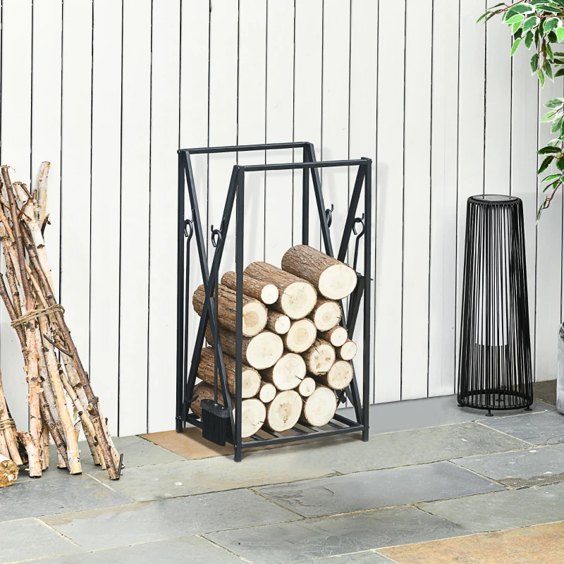 HOMCOM Porte bûches - Range bûches Serviteur de cheminée - Multi Accessoires étagère 46L x 30l x 76H cm Acier Noir