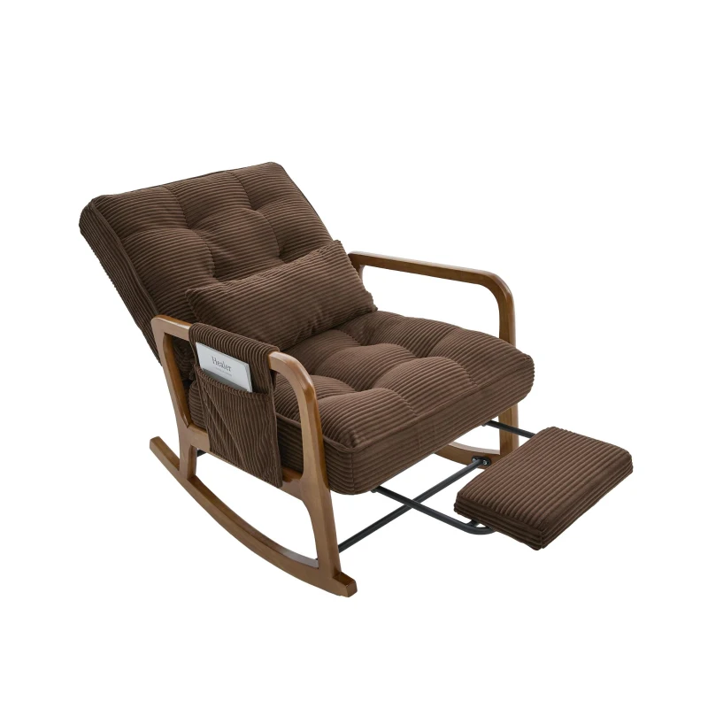 Cozy Rocking Chair with Adjustable Footrest and Side Pocket, Soft Corduroy Glider Armchair for Nursery, 92L x 80W x 70H cm, Coffee