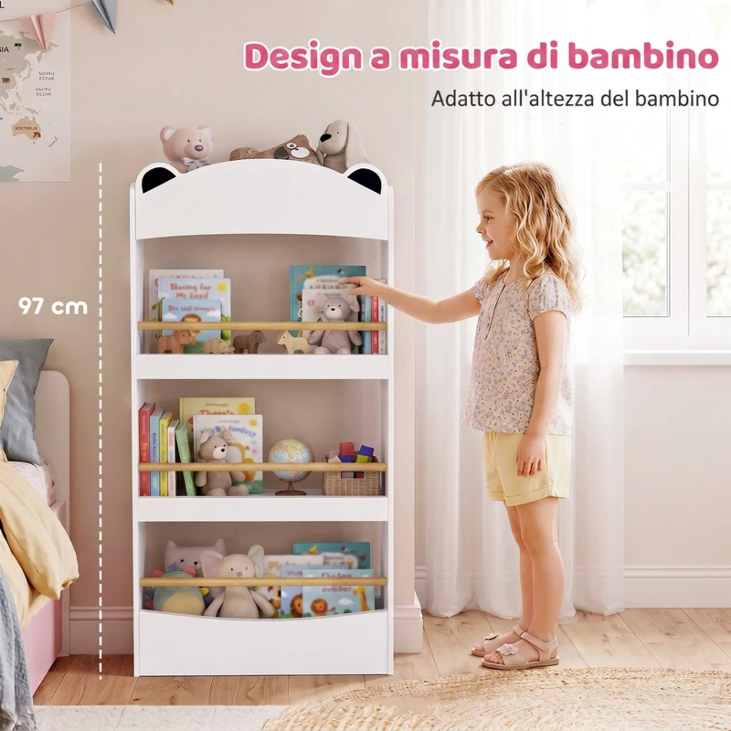 AIYAPLAY Libreria Montessoriana per Bambini 3-8 Anni a Forma di Orso con 4 Ripiani in Legno, 50x15x97 cm, Bianco
