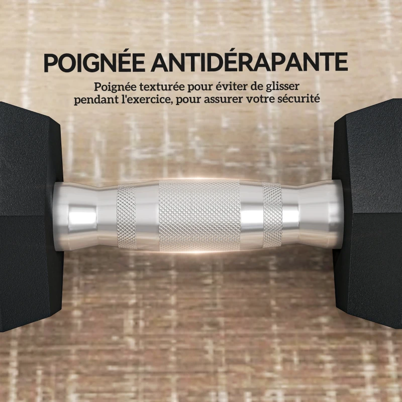 HOMCOM Ensemble d'haltères courtes, lot de 2 haltères hexagonaux recouverts de caoutchouc, acier noir
