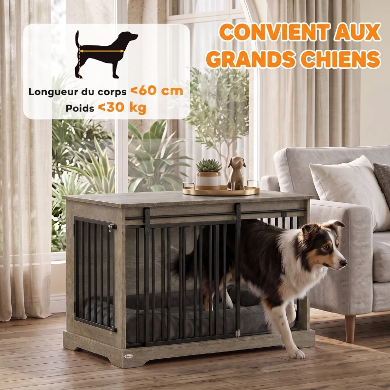 PawHut Cage pour Chien en Bois et Acier avec Porte Coulissante, Table d'Appoint, Niche Moderne, 100x60x68cm, Gris-Marron Clair