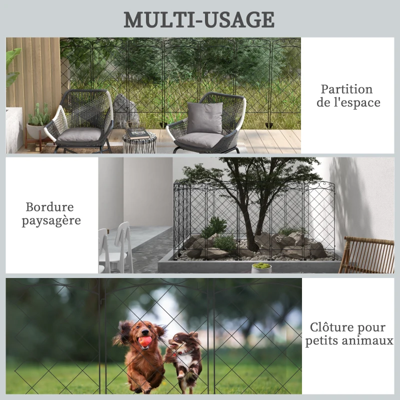 Outsunny Lot de 7 clôtures de jardin décoratives en métal avec ornements - 344L x 110H cm noir