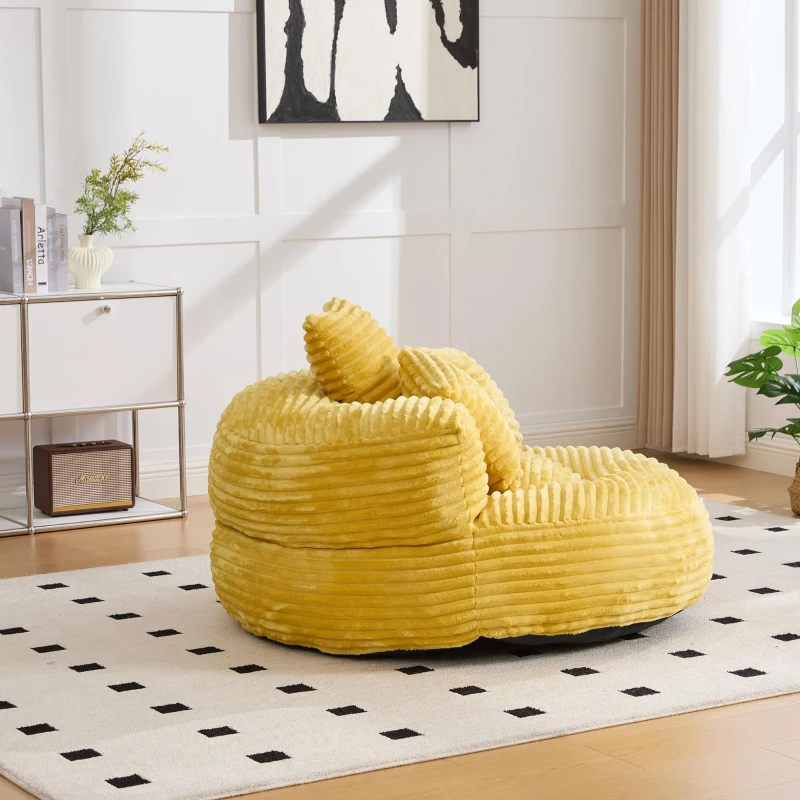 Plush Oversized Bean Bag Chair with High Back & 3 Pillows, Cozy Corduroy Floor Lounger Sofa for Living Room, 108L x 108W x 52H cm, Mustard Yellow