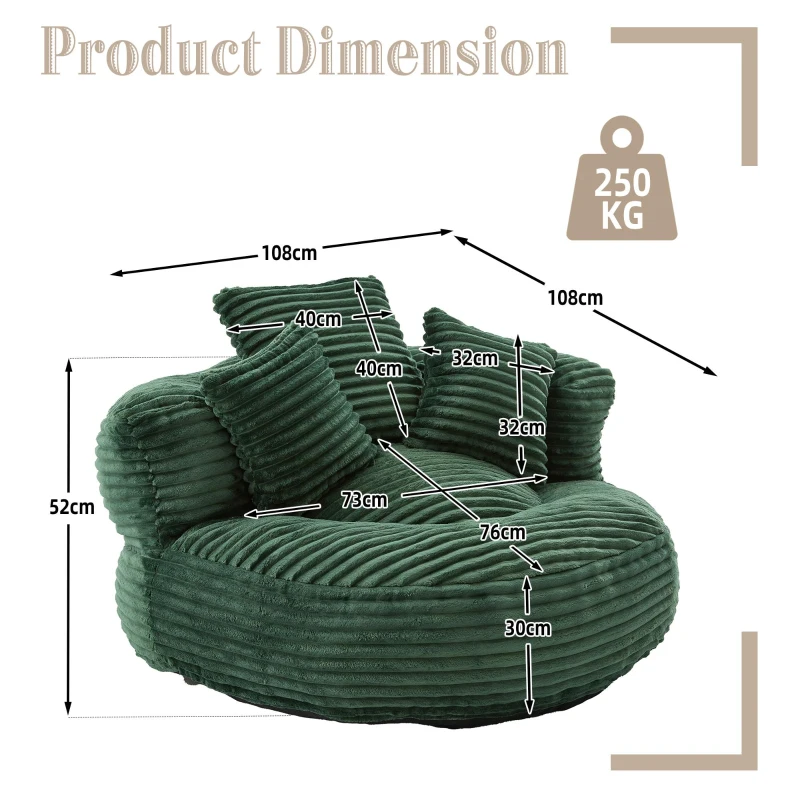 Plush Oversized Bean Bag Chair with High Back & 3 Pillows, Cozy Corduroy Floor Lounger Sofa for Living Room, 108L x 108W x 52H cm, Emerald