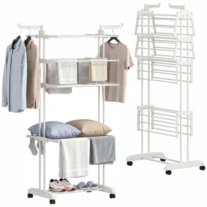 HOMCOM Séchoir à linge pliable 4 niveaux avec roulettes, étendoir linge intérieur avec ailes latérales, cadre en acier, blanc