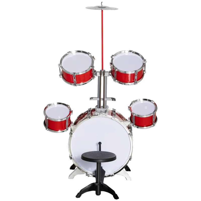 AIYAPLAY Set Batteria per Bambini da 5 Pezzi con Grancassa con Pedale, Tamburi, Piatto e Sgabello, Età 3-6 Anni, Rosso