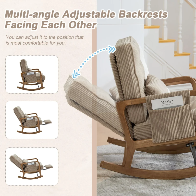 Cozy Rocking Chair with Adjustable Footrest and Side Pocket, Soft Corduroy Glider Armchair for Nursery, 92L x 80W x 70H cm, Khaki