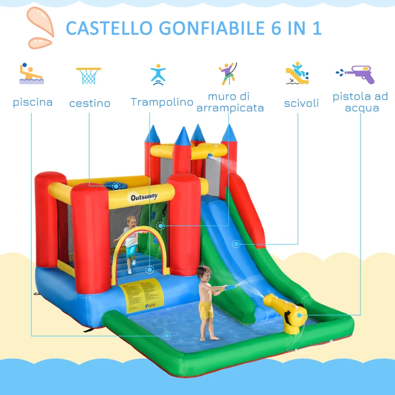 Outsunny Castello Gonfiabile per Bambini con Scivolo, Canestro, Vasca e Trampolino, 330x245x215 cm, Multicolore