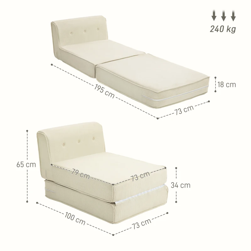 HOMCOM Canapé-lit pliant avec dossier capitonné, chauffeuse convertible, lit d'appoint, salon, bureau, blanc crème