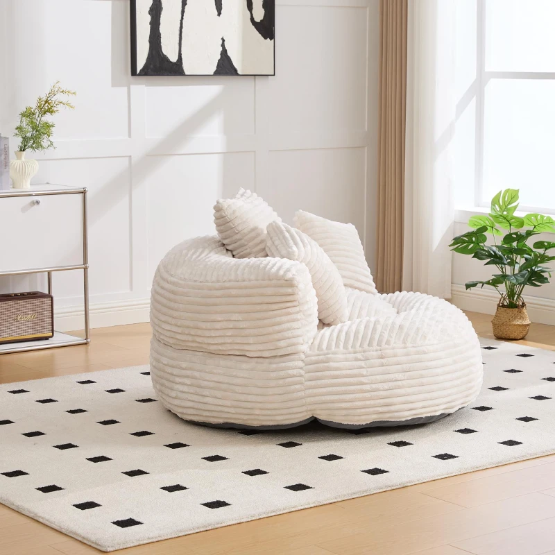 Plush Oversized Bean Bag Chair with High Back & 3 Pillows, Cozy Corduroy Floor Lounger Sofa for Living Room, 108L x 108W x 52H cm, Beige